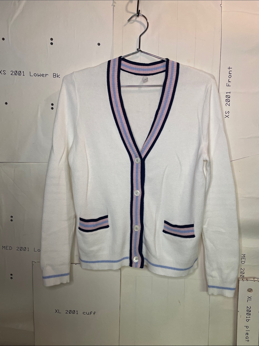 Source Unknown White Cardigan with Pink & Navy Stripe Trim